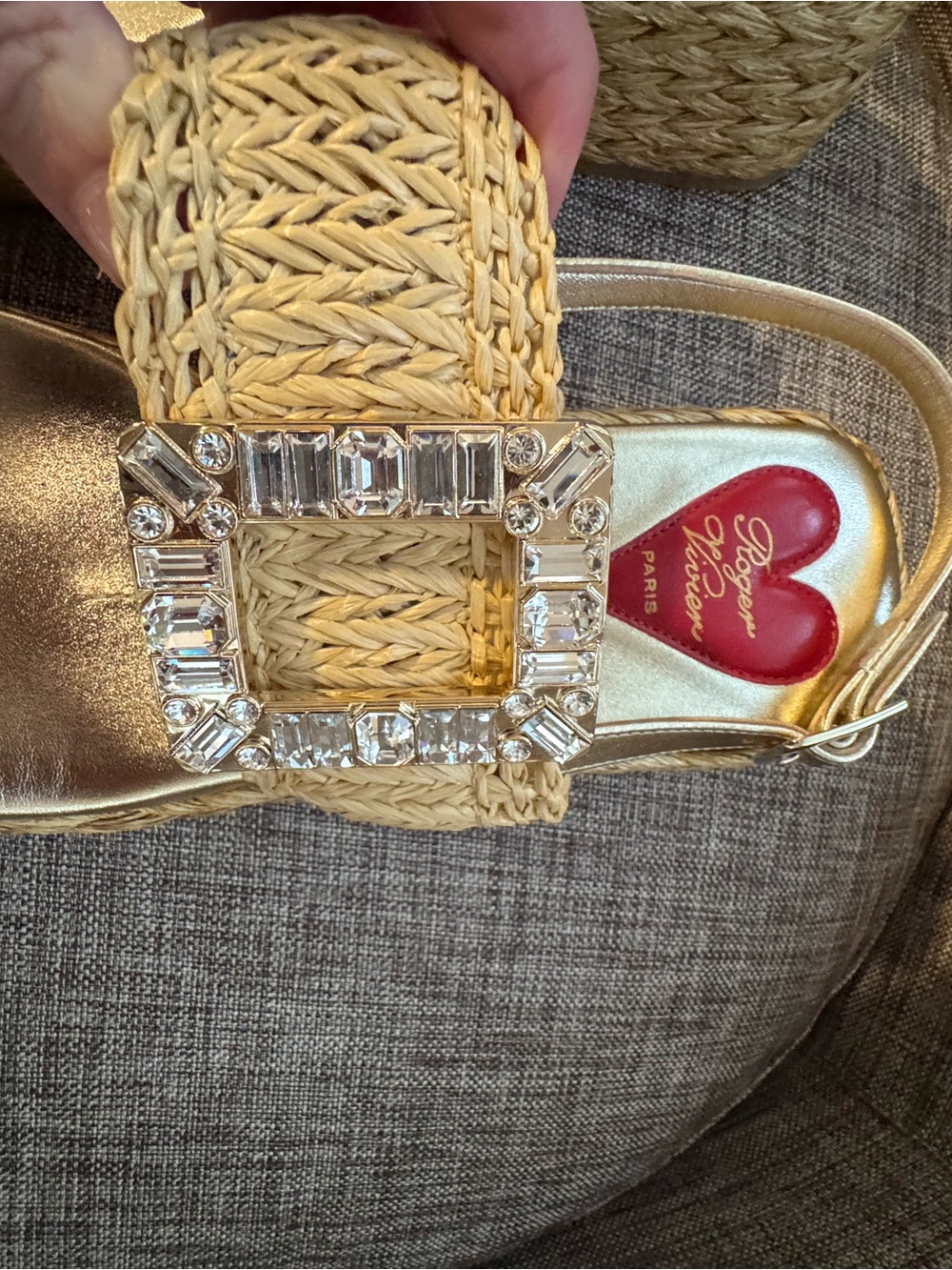 Roger Vivier Beige Woven Raffia Platform Sandals with Rhinestone Buckle - Picture 5 of 10